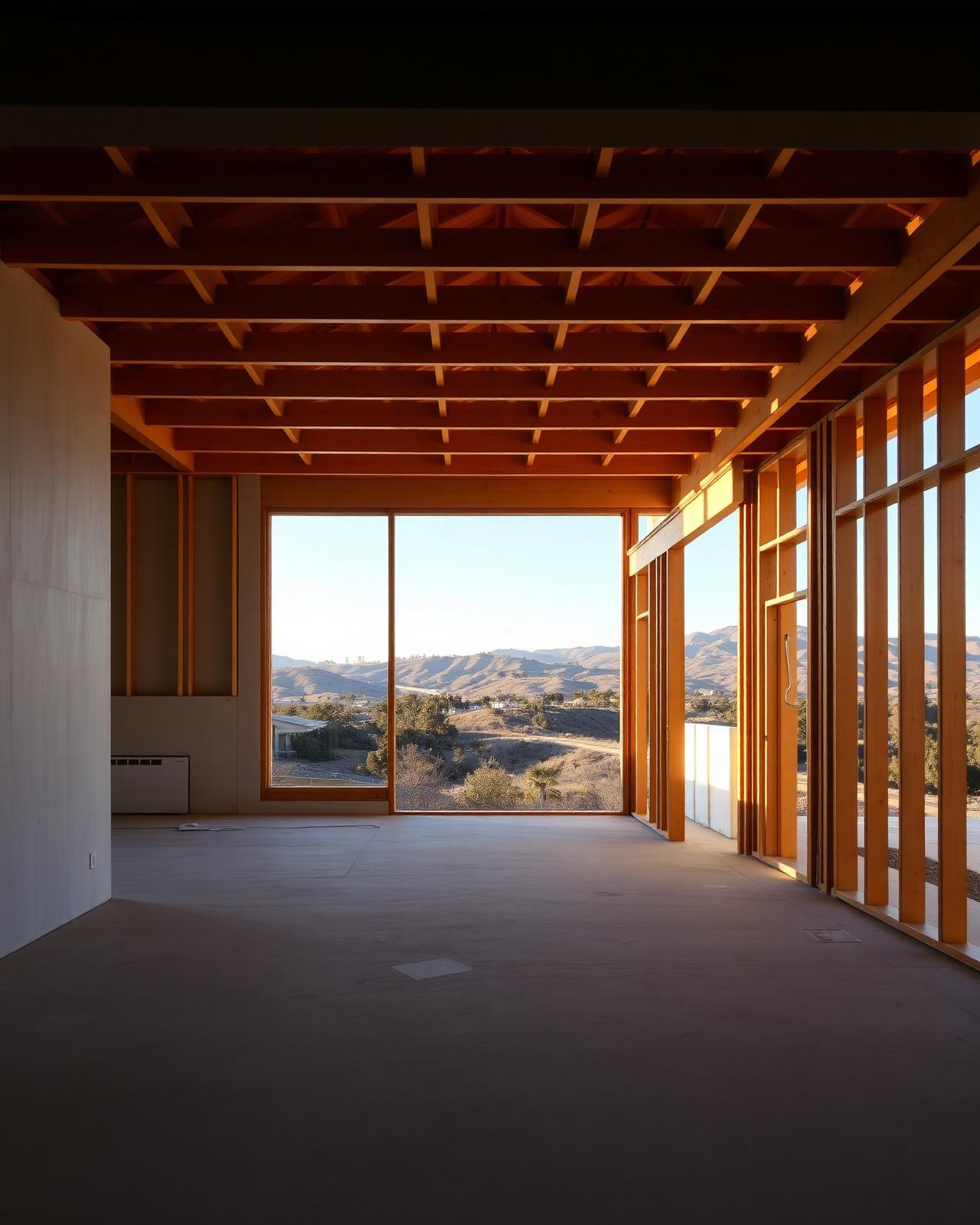 Wood-framed home in progress with Santa Barbara hills beyond