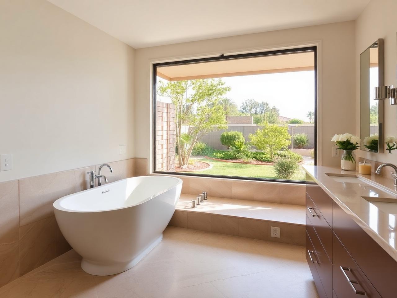 Renovated master bathroom with garden view